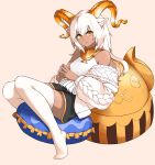  1girl absurdres animal_ear_fluff animal_ears arknights bare_shoulders beeswax_(arknights) black_shorts brown_background cardigan dark-skinned_female dark_skin full_body goat_ears goat_girl goat_horns highres horns long_hair looking_at_viewer neti_(cpu11151) no_shoes off_shoulder open_cardigan open_clothes own_hands_together parted_lips pillow shirt shorts simple_background solo steepled_fingers thighhighs white_cardigan white_hair white_shirt white_thighhighs yellow_eyes 