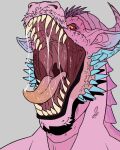  absurd_res anthro blue_horn bodily_fluids bust_portrait cheek_horn dragon dripping front_view glistening glistening_eyes glistening_tongue grey_background hi_res horn imperatorcaesar male multicolored_tongue orange_eyes orange_tongue pink_body pink_horn pink_tongue portrait red_sclera saliva saliva_drip saliva_on_tongue saliva_string simple_background solo teeth tongue two_tone_tongue 