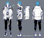  1boy belt black_pants blue_hair company_name drawstring green_eyes grey_background grey_shirt holostars holostars_english hood hood_down hoodie jacket kurahana_chinatsu long_sleeves looking_at_viewer multiple_views official_art pants reference_sheet regis_altare shirt shoes short_hair simple_background sneakers socks virtual_youtuber white_belt white_hoodie white_jacket 