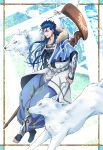  1boy 2others animal armor belt blue_hair capelet closed_mouth collarbone cu_chulainn_(caster)_(fate) cu_chulainn_(fate) earrings fate/grand_order fate_(series) floating_hair fur-trimmed_hood fur_trim gem greaves harem_pants highres holding holding_staff hood hood_down hooded_capelet jewelry long_hair looking_at_viewer male_focus multiple_others pants red_eyes runes sateiki7 skin_tight smile spiked_hair staff toeless_footwear vambraces white_wolf wolf wooden_staff 