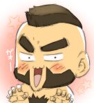  1boy bara beard blush chest_hair chibi facial_hair hands_up looking_at_viewer male_focus mature_male mohawk naughty_face raised_eyebrows short_hair solo street_fighter terujirou_(masateruteru) thick_eyebrows translation_request upper_body zangief 