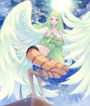  1girl absurdres breasts cleavage commentary_request crazy_otama english_text eyelashes feathered_wings feathers green_hair green_shirt harpy highres large_breasts long_hair looking_at_viewer midriff monet_(one_piece) monster_girl navel one_piece shirt solo striped striped_legwear sun tail wavy_hair wings yellow_eyes 