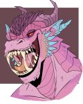  absurd_res anthro blue_ears blue_horn blue_inner_ear bodily_fluids bust_portrait cheek_horn dragon fangs front_view head_spikes hi_res horn imperatorcaesar looking_at_viewer male multicolored_tongue narrowed_eyes open_mouth open_smile orange_eyes orange_tongue pink_body pink_ears pink_inner_ear pink_tongue portrait red_sclera saliva saliva_on_tongue saliva_string simple_background smile solo spikes spikes_(anatomy) tongue two_tone_tongue 