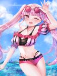  1girl ;d bangs bikini breasts cleavage fire_emblem fire_emblem:_three_houses fire_emblem_heroes highres hilda_valentine_goneril karingityou long_hair looking_at_viewer medium_breasts ocean official_alternate_costume one_eye_closed outdoors pink_bikini pink_eyes pink_hair sky smile solo swimsuit twintails water waving 