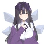 1girl absurdres bangs black_hair bow breasts closed_mouth collared_shirt commentary cookie_(touhou) earrings faustlore hair_bow highres hime_cut jacket jewelry large_breasts long_hair looking_at_viewer mole mole_under_eye neck_ribbon off_shoulder purple_bow purple_eyes purple_jacket purple_nails purple_ribbon ribbon shirt shunga_youkyu sidelocks sleeves_past_wrists smile solo star_(symbol) star_earrings star_sapphire touhou upper_body white_shirt wings 