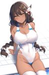  1girl azur_lane bare_shoulders black_hair blush braid breasts brown_eyes cleavage collarbone covered_navel dark-skinned_female dark_skin hair_between_eyes hair_ornament highres large_breasts long_hair looking_at_viewer native_american one-piece_swimsuit poolside raiou solo south_dakota_(azur_lane) swimsuit thighhighs yellow_eyes 