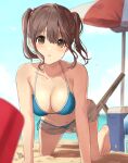  1girl :o akira_tooru all_fours bangs barefoot beach beach_chair beach_towel beach_umbrella bikini blue_bikini breasts brown_hair cleavage collarbone cooler day denim denim_shorts eyebrows_hidden_by_hair feet hair_between_eyes hair_ornament highres large_breasts looking_at_viewer navel ocean open_mouth original outdoors revision short_hair short_shorts shorts sidelocks sky solo stomach swimsuit teeth thighs toes towel twintails umbrella unbuttoned unbuttoned_shorts upper_teeth 