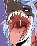  absurd_res anthro blue_hair bodily_fluids brown_body eyelashes female fish front_view glistening glistening_tongue hair half-closed_eyes hi_res imperatorcaesar marine mouth_shot narrowed_eyes open_mouth pink_tongue red_body saliva saliva_on_tongue saliva_string shark sharp_teeth solo teeth tongue tongue_out white_body 