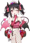  1girl \m/ bangs black_hair black_horns black_wings blush bow bracelet crop_top crossed_legs demon_wings earrings finger_to_mouth fishnet_legwear fishnets frilled_skirt frills hair_bow hair_ornament hairclip heart heart_tail highres horns jewelry long_hair love_live! love_live!_school_idol_project multicolored_wings one_eye_closed pink_bow pink_wings polka_dot polka_dot_bow red_eyes red_skirt sitting skirt smile solo tail tiara twintails white_background wings yazawa_nico zero-theme 