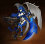  action_pose anthro armor behemoth89 breasts cleavage clothed clothing dragon female gun headgear headphones headset hi_res holster horn leggings legwear looking_aside melee_weapon motion_blur pose ranged_weapon ribbons scalie shoulder_pads solo stella_whitewing sword weapon wings 