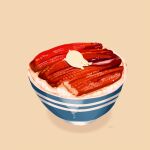  animal bear bowl chai_(drawingchisanne) commentary_request donburi eel english_text food food_focus grilled_eel kabayaki on_food original polar_bear rice signature simple_background unadon_(food) undersized_animal 