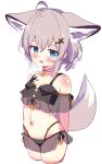  1girl :d absurdres ahoge animal_ear_fluff animal_ears arknights arms_behind_back bangs bare_shoulders bikini black_bikini blue_eyes blush breasts cropped_legs eyebrows_hidden_by_hair fox_ears fox_girl fox_tail grey_hair hair_between_eyes hair_ornament hairclip heavy_breathing highleg highleg_bikini highres looking_at_viewer low_twintails navel rebaa saliva see-through short_twintails simple_background small_breasts smile solo sussurro_(arknights) swimsuit tail twintails white_background x_hair_ornament 
