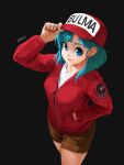  1girl absurdres adjusting_clothes adjusting_headwear baseball_cap black_background blue_eyes blue_hair breasts brown_shorts bulma capsule_corp character_name dragon_ball dragon_ball_(classic) hat highres horang4628 jacket long_sleeves looking_at_viewer red_jacket shirt shorts simple_background smile solo white_shirt zipper_pull_tab 