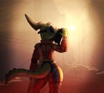  amber_(squablodecomplash) anthro black_clothing blue_clothing city city_background clothing eyewear female goggles green_body green_scales green_tail horn horn_markings kobold markings multicolored_body multicolored_scales red_clothing scales scalie solo squablodecomplash tail_markings two_tone_body two_tone_scales two_tone_tail wide_hips yellow_clothing 