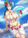  1girl abs absurdres arm_support bikini blue_hair blush braid breasts brown_eyes cleavage closed_mouth day fire_emblem fire_emblem_heroes flower hand_fan highres large_breasts lips looking_at_viewer medium_hair navel ocean outdoors single_braid smile solo swimsuit thighs thorr_(fire_emblem) vilde_loh_hocen white_bikini 