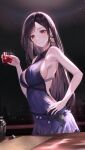  1girl absurdres alcohol armpit_crease asymmetrical_bangs bangs bare_arms bare_shoulders black_hair breasts cocktail_shaker crescent crescent_earrings cup dress earrings final_fantasy final_fantasy_vii final_fantasy_vii_remake hand_on_hip highres holding holding_cup jewelry large_breasts light_smile long_hair looking_at_viewer official_alternate_costume purple_dress red_eyes sideboob sleeveless sleeveless_dress solo tifa_lockhart tifa_lockhart&#039;s_refined_dress tooku0 