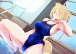  1girl absurdres animal_ears blonde_hair blue_swimsuit breasts closed_eyes commentary_request competition_swimsuit dutch_angle fox_ears fox_girl fox_tail highleg highleg_swimsuit highres large_breasts long_hair one-piece_swimsuit original ponytail sitting soaking_feet solo swimsuit tail yukusasu 