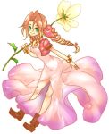  1girl aerith_gainsborough bangle bangs boots bracelet braid braided_ponytail brown_footwear brown_hair cropped_jacket curly_hair dress final_fantasy final_fantasy_vii floral_dress flower full_body green_eyes hair_ribbon holding holding_flower jacket jewelry long_dress long_hair looking_at_viewer male_focus parted_bangs pink_dress pink_ribbon red_jacket ribbon short_sleeves sidelocks smile solo torimeiro white_background yellow_flower 