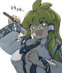  +_+ 1girl ambiguous_red_liquid bare_shoulders blue_eyes blue_necktie blush breasts commentary_request detached_sleeves gohei green_hair kochiya_sanae long_hair long_sleeves medium_breasts necktie oonusa simple_background solo touhou translated uisu_(noguchipint) very_long_hair vest white_background white_vest wide_sleeves 