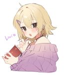  1boy blonde_hair brown_eyes character_name cup ear_piercing earrings heart highres jewelry koyashaka levi_shione_(koyashaka) long_sleeves looking_at_viewer male_focus off-shoulder_sweater off_shoulder original piercing short_hair solo sweater white_background 