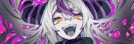  1girl fangs floating_hair grey_hair grey_tongue head_tilt highres hololive horns la+_darknesss long_hair multicolored_hair nzh open_mouth orange_eyes portrait purple_hair smile solo streaked_hair virtual_youtuber 