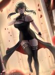  black_hair dress falling_petals highres petals red_eyes spikes spy_x_family thighhighs vilde_loh_hocen weapon yor_briar 