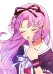  1girl black_ribbon black_shirt blush closed_eyes closed_mouth commentary_request eiyuu_densetsu finger_to_mouth hair_intakes hand_up highres long_hair portrait puffy_short_sleeves puffy_sleeves purple_hair renne_(eiyuu_densetsu) ribbon sen_no_kiseki sen_no_kiseki_iv shirt short_sleeves simple_background smile solo villeannn white_background wrist_cuffs 