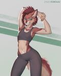  2022 5_fingers absurd_res anthro black_bottomwear black_clothing black_topwear bottomwear cacuu canid canine canis clothing female fingers fur green_eyes hi_res mammal skylar_zero smile solo tomboy topwear watermark wolf workout_clothing 