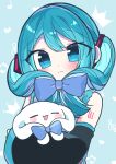  1girl :3 :d =_= absurdres alternate_hairstyle animal_hug aqua_hair bangs bare_shoulders blue_background blue_bow blue_eyes blush bow cinnamiku cinnamoroll closed_mouth crown detached_sleeves ear_bow frills front_ponytail grey_shirt hair_bow hatsune_miku heart highres kasaki_sakura looking_at_viewer musical_note number_tattoo sanrio shirt shoulder_tattoo smile tattoo tied_ears upper_body vocaloid 