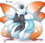  1girl 2020s_(style) 2021 antennae arthropod_girl belly big_belly black_bodysuit blue_eyes bodysuit breasts bug completely_nude curvy fluff frosmoth furry fusion hybrid large_breasts large_wings navel nintendo no_humans no_mouth no_nipples non-web_source nude on_floor pokemon pokemon_(creature) pokemon_(game) pokemon_bw pokemon_hgss simple_background sitting solo thick_thighs thighs video_game volcarona white_background white_bodysuit wings xenochelle 