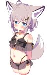  1girl absurdres ahoge animal_ear_fluff animal_ears arknights arms_behind_back bangs bare_shoulders bikini black_bikini blue_eyes blush breasts closed_mouth commentary_request cropped_legs eyebrows_hidden_by_hair fox_ears fox_girl fox_tail grey_hair hair_between_eyes hair_ornament hairclip highleg highleg_bikini highres looking_at_viewer low_twintails navel rebaa see-through short_twintails simple_background small_breasts solo sussurro_(arknights) swimsuit tail twintails white_background x_hair_ornament 