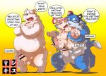  2022 anthro balls belly big_belly blue_body blush canid canine censored chibineco dialogue english_text erection felid genitals group hi_res kemono male male/male mammal moobs nipples overweight overweight_male penis sex text ursid 