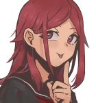  1girl :p bangs black_serafuku commentary eyelashes from_side hair_behind_ear hair_flaps hand_up index_finger_raised kunichika_yuu long_hair looking_at_viewer looking_to_the_side nana_0253 neckerchief pink_eyes pink_hair portrait red_hair red_neckerchief school_uniform serafuku simple_background tongue tongue_out white_background world_trigger 