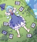  100th_black_market 1girl absurdres ahoge arms_behind_head arms_up bangs barefoot blue_bow blue_dress blue_eyes blue_hair blush blush_stickers bow bowtie card card_(medium) cirno collared_shirt commentary_request detached_wings dress fairy fang full_body fumo_(doll) grass hair_between_eyes hands_on_hips hands_up highres ice ice_wings kame_(kamepan44231) looking_up lying no_hat no_headwear on_back one-hour_drawing_challenge open_mouth puffy_short_sleeves puffy_sleeves red_bow red_bowtie river shirt short_hair short_sleeves shorts skin_fang smile solo standing tongue touhou water white_shirt white_shorts wings 