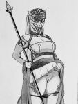  absurd_res anthro argonian bethesda_softworks black_and_white black_clothing black_panties black_underwear bottomless clothed clothing deraban female genitals graphite_(artwork) hi_res holding_object holding_weapon horn looking_at_viewer lusty_argonian_maid maid_uniform melee_weapon monochrome panties panties_down partially_clothed pencil_(artwork) polearm presenting presenting_pussy pussy reptile scalie sketch solo spear standing the_elder_scrolls tongue tongue_out traditional_media_(artwork) underwear underwear_down uniform video_games weapon 