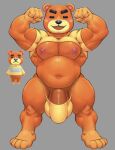  animal_crossing anthro balls belly big_belly big_penis blush bulge clothing crop_top flexing genitals grey_background hi_res hunnipanda looking_at_viewer male mammal musclegut muscular muscular_male navel nintendo orange_body penis shirt simple_background solo speedo swimwear teddy_(animal_crossing) topwear ursid useless_clothing video_games 