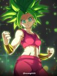  1girl abs absurdres aqua_eyes aura breasts clenched_hands closed_mouth crop_top dragon_ball dragon_ball_super earrings green_hair highres horang4628 jewelry kefla_(dragon_ball) looking_at_viewer midriff pants potara_earrings smile solo spiked_hair super_saiyan 