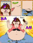  2017 accessory anthro belly belly_expansion belly_jiggle big_belly big_breasts blush bottomwear bow_ribbon bra breasts brown_hair burping button_(fastener) button_pop chair clothing colored comic deep_navel denim denim_clothing domestic_cat dress_shirt eating english_text expansion felid feline felis female food furniture hair hair_accessory hair_bow hair_ribbon hi_res if_hell_had_a_taste jeans jiggling kebab mammal marci_hetson meat morbidly_obese morbidly_obese_anthro morbidly_obese_female navel obese obese_anthro obese_female open_mouth overweight overweight_anthro overweight_female panties pants ribbons shirt sitting skewer solo stuffing teal_eyes text tongue tongue_out topwear torn_bottomwear torn_clothing torn_jeans torn_pants underwear viroveteruscy weight_gain 