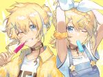  1boy 1girl arms_up bangs black_choker blonde_hair blue_eyes braid brother_and_sister brown_nails choker closed_mouth collared_shirt commentary_request flower food food_in_mouth grin hair_between_eyes hair_flower hair_ornament hair_ribbon hairclip kagamine_len kagamine_rin nail_polish one_eye_closed open_clothes open_shirt orange_scrunchie overalls popsicle ribbon saihate_(d3) scrunchie shirt siblings smile star_(symbol) upper_body vocaloid white_ribbon white_shirt yellow_flower yellow_shirt 
