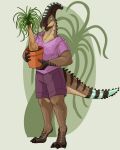  absurd_res anthro black_claws blep blue_body blue_scales blue_tail bottomwear brown_body brown_scales brown_stripes brown_tail claws clothed clothing digital_media_(artwork) digitigrade gloves_(marking) hi_res imperatorcaesar male markings pink_tongue plant plant_pot potted_plant purple_bottomwear purple_clothing purple_shirt purple_shorts purple_t-shirt purple_topwear scales shirt shorts solo spiked_tail spikes spikes_(anatomy) striped_arms striped_legs striped_markings striped_tail stripes t-shirt tail_markings tan_body tan_scales tan_tail tongue tongue_out topwear 