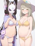  2girls absurdres big_belly bikini blue_archive blush breasts brown_hair flower fox_mask green_eyes grey_background hair_flower hair_ornament hat highres large_breasts long_hair looking_at_viewer low_twintails manglifer mask multiple_girls navel nonomi_(blue_archive) nonomi_(swimsuit)_(blue_archive) pregnant simple_background smile swimsuit twintails wakamo_(blue_archive) wakamo_(swimsuit)_(blue_archive) white_headwear yellow_bikini 