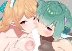  2girls bare_shoulders blonde_hair blush breast_hold breasts censored cheek-to-cheek collarbone cooperative_fellatio cooperative_paizuri covered_nipples double_bun fellatio finana_ryugu green_hair hair_bun hair_ornament heads_together highres looking_at_viewer luyheg multiple_girls nail_polish nijisanji nijisanji_en nipples nude oral paizuri penis pointy_ears pomu_rainpuff sweat tongue tongue_out virtual_youtuber 