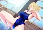  1girl absurdres animal_ears blonde_hair blue_swimsuit breasts closed_eyes commentary_request competition_swimsuit dutch_angle highleg highleg_swimsuit highres large_breasts long_hair one-piece_swimsuit original partial_commentary ponytail sitting soaking_feet solo swimsuit tail yukusasu 