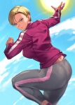  1girl android_18 ass blonde_hair blue_eyes blue_sky breasts closed_mouth dragon_ball dragon_ball_super dragon_ball_super_super_hero earrings grey_pants highres incoming_attack jacket jewelry long_sleeves mikel_(4hands) pants pink_jacket serious short_hair sky solo track_jacket track_pants 