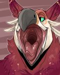  absurd_res ambiguous_gender anthro beak bust_portrait feathers front_view fur glistening glistening_eyes glistening_tongue grey_beak half-closed_eyes hi_res imperatorcaesar mouth_shot narrowed_eyes neck_tuft open_mouth orange_beak portrait pupils red_body red_ears red_fur red_inner_ear simple_background slit_pupils solo tongue tuft white_beak white_body white_feathers 
