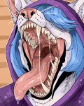  absurd_res ambiguous_gender anthro blue_hair bodily_fluids fangs front_view fur glistening glistening_tongue hair hair_over_eyes hi_res imperatorcaesar mouth_shot open_mouth pink_inner_ear pink_nose pink_tongue saliva saliva_on_tongue saliva_string simple_background solo tongue tongue_out white_body white_ears white_fur 
