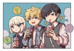  ! 1girl 2boys :d :t ? bangs black_hair blonde_hair blue_bow blue_eyes blue_jacket blue_sky blunt_bangs bob_cut border bow bubble_tea casual chewing cloud collared_shirt cup disposable_cup dress_shirt drink drinking drinking_straw drinking_straw_in_mouth flower grey_jacket hair_bow hand_up highres hiyami_aki holding holding_cup holding_drink holding_phone holding_strap inukai_sumiharu jacket jitome juice lineup long_sleeves looking_at_viewer multiple_boys nana_0253 phone shirt short_hair side-by-side sideways_glance sky smile spoken_exclamation_mark spoken_question_mark sweater_vest swept_bangs t-shirt tsuji_shinnosuke unbuttoned undershirt upper_body white_hair white_shirt world_trigger 