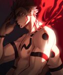  1boy arm_tattoo bara black_nails chalseu earrings extra_arms extra_eyes facial_tattoo highres jewelry jujutsu_kaisen looking_at_viewer male_focus pectorals pink_hair red_eyes ryoumen_sukuna_(jujutsu_kaisen) serious short_hair spiked_hair stud_earrings tattoo topless_male undercut 