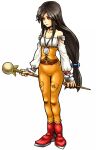  1girl alternate_costume banana_gyuunyuu bangs bare_shoulders bodysuit boots breasts brown_eyes brown_hair choker cleavage collarbone detached_sleeves earrings final_fantasy final_fantasy_ix full_body garnet_til_alexandros_xvii holding holding_staff jewelry lace-up_top long_hair long_sleeves low-tied_long_hair medium_breasts orange_bodysuit parted_bangs pendant puffy_long_sleeves puffy_sleeves red_footwear shirt staff white_background white_shirt 