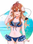  1girl :d ahoge bikini blue_bikini blue_sky breasts commentary_request demon_girl demon_horns demon_tail fang frilled_bikini frills highres horns large_breasts looking_at_viewer machikado_mazoku mashu_(masyu_ut) ocean red_eyes red_hair skin_fang sky smile solo swimsuit tail tail_wrap wet yoshida_yuuko_(machikado_mazoku) 